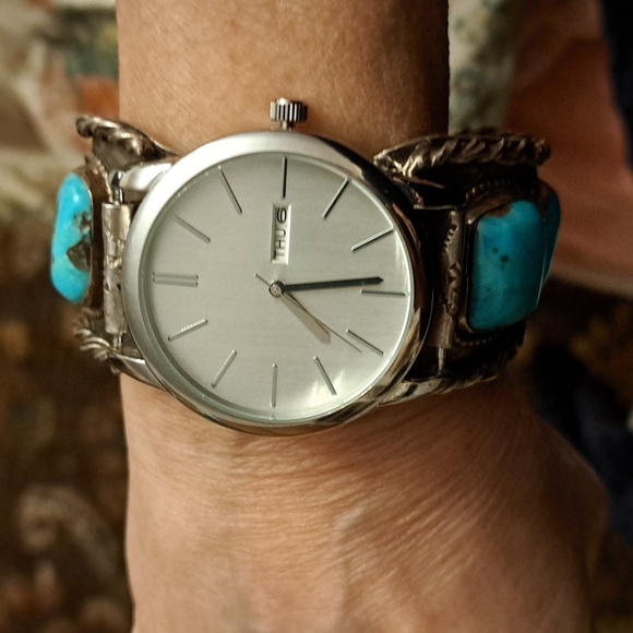 Native American Indian men's sterling turquoise cuff working watch 128 grams - Picture 7 of 9